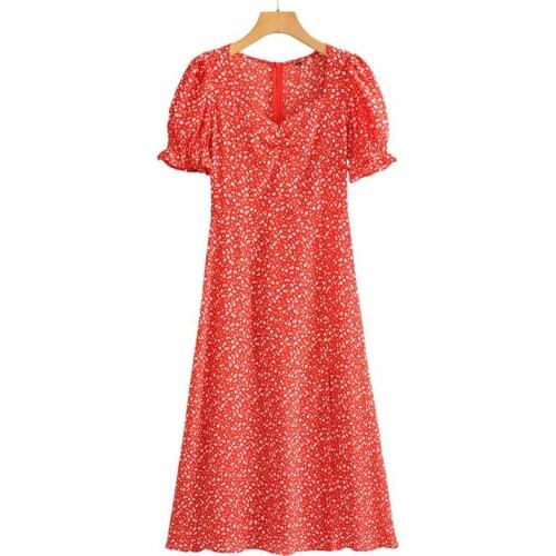 YENKYE Elegant Women Floral Print Red Dress Vintage Puff Sleeve Sexy Slits Holiday Party Long Dresses Ladies Summer Vestido