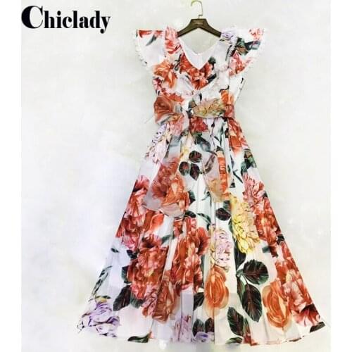 CHICLADY summer holiday Luxury Dress New 2021 Spring Summer Style Runway Women Charming Floral Printpatchwork lace dress women