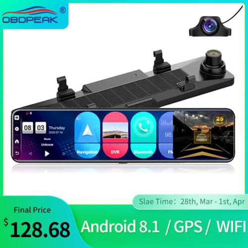 OBDPEAK 4G+32G Android 8.1 12" Car DVR Cam Rearview Mirror Stream Media GPS Navi Dash Cam 1080P Camera Car Dvr ADAS Super Night
