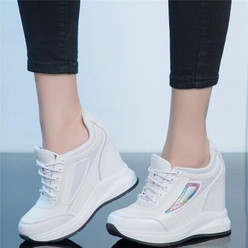 Summer Fashion Sneakers Women Cow Leather Wedges High Heel Ankle Boots Female Breathable Mesh Round Toe Pumps Shoes Casual Shoes