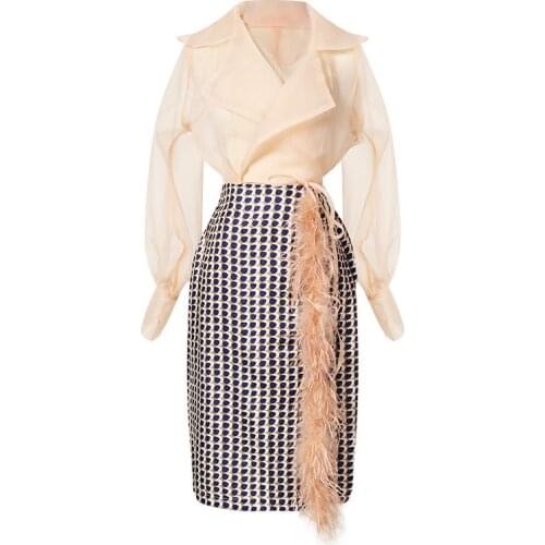 Fashion Big Lapel Strap See-Through Chiffon Bangage Blouse Top Feather Tassel Print Side Slit Skirt Two-Piece Set Buy Separately