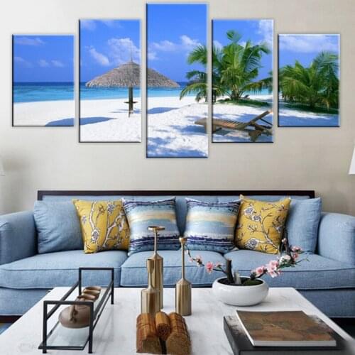 Home Decor Living Room Modular Pictures 5 Panel Sunshine Beach Scenery Framework Wall Artwork Painting HD Printed Canvas Poster