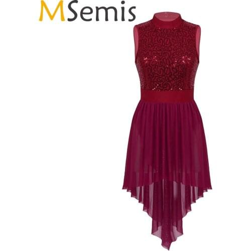 MSemis Women Adult Ballet Dress Halter Neck Sleeveless Backless Shiny Sequined High Low Mesh Leotard Bodysuit Ballet Dance Dress