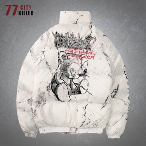 Mens Winter Cartoon Bear Printing Parkas Coats Streetwear Hip Hop Thicken Warm Jackets Male Fashion Casual Oversized Jacket Tops