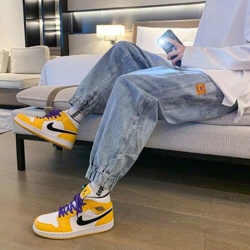 Washed Jeans Loose Straight Leg Cashew Flower Stitching Trousers Mens Tie-foot Overalls Hiphop Streetwear Nine-point Denim Pants