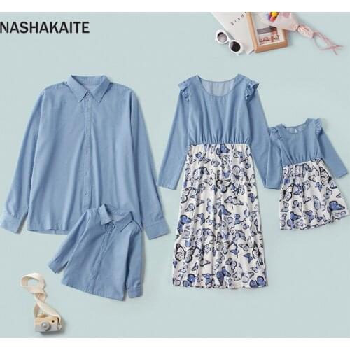 NASHAKAITE 2021 Mom And Daughter Dress Denim Family Matching Clothes Mommy And Daughter Matching Clothes Mother And Son Outfits