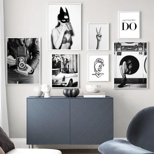 Wall Art Canvas Painting Kitty Girl Vintage Camera Black White Nordic Posters And Prints Wall Pictures For Living Room Decor