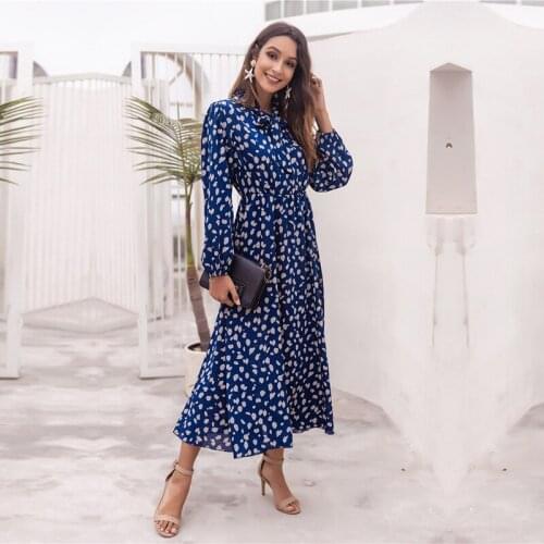 New Spring Summer Fashion Petal A Line Chic Dress Female Womens Bow Collar Long Sleeve Casual Long Printed Dresses Ladies