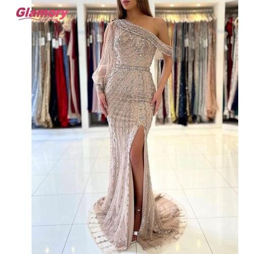 New Arrival One Shoulder Sparkle Beaded Mermaid Evening Sexy Split Long Prom Dress