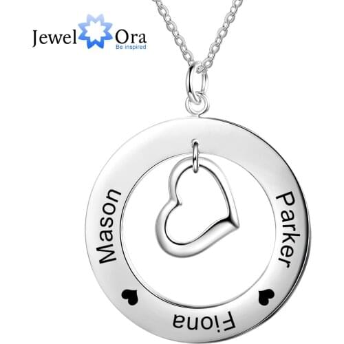 Personalized Heart & Circle Pendant Necklace Customize Engraved Family Name Necklaces for Women Jewelry Gift (JewelOra NE103632)