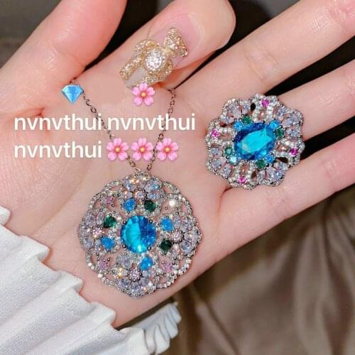 Luxury Lady 925 Sterling Silver Sea Blue Zircon Crystal Flower Pendant Necklace Ring Jewelry Sets Anniversary Jewelry for Women