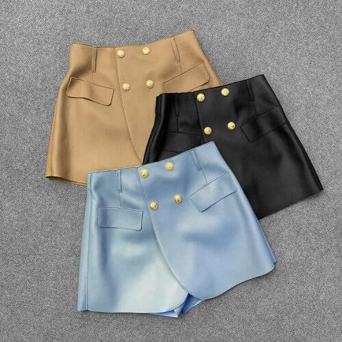 2021 Spring womes high quality genuine shorts chic double-breasted leather pantskirt C555
