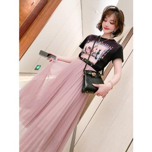 Top Quality Fashion print Short Sleeve Black T Compassionate+High waist pleated gauze skirt suit