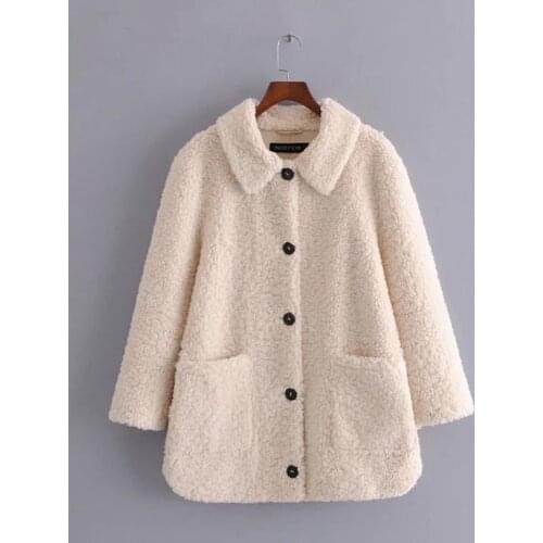 Winter New Lady Retro Sweet Wild Loose Teddy Fleece Warm Lapel Single-Breasted Pocket Coat Women Jacket