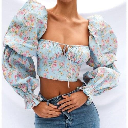 Hirigin Spring Summer Fashion Elegant French Romantic Floral Puff Sleeve Square Collar Women Blouses New White Chiffon Shirt