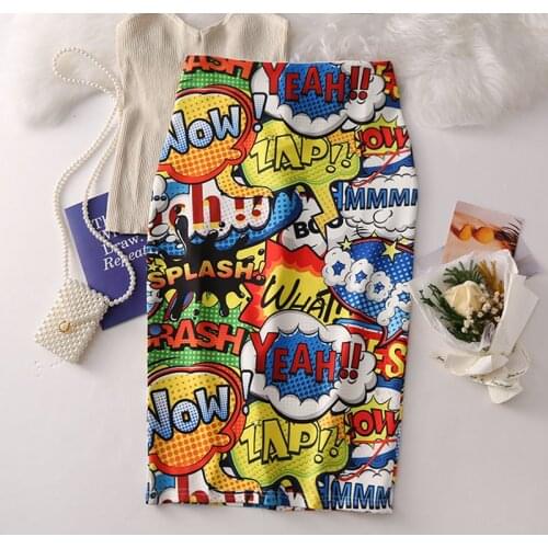 2021 Women Harajuku Pencil Skirts Colorful Cartoon Yeah! Letters Printing High Waist Slim Midi Split Sexy Falda Woman Skirts