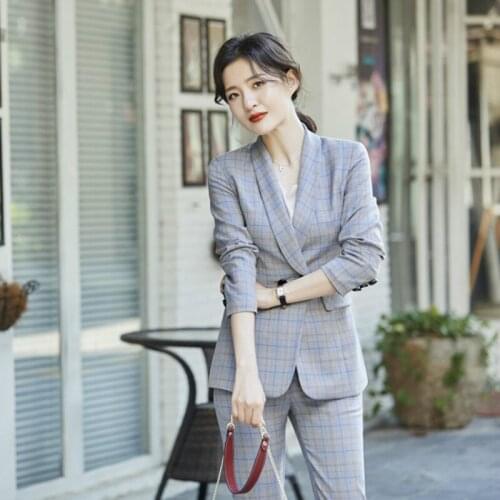 Womens suit 2019 autumn and winter new professional wear casual retro lattice suit jacket slim trousers womens two-piece suit