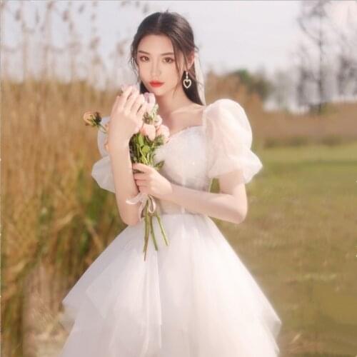 New Short Bride Reception Dress Short Wedding Dress With Sleeves Square Collar Ruffles vestido de fiesta de boda robe mariage