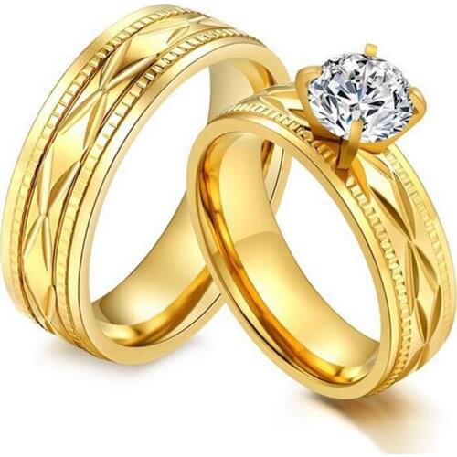 Gold-Color Alliance Ring Quality Stainless Steel Cubic Zirconia Wedding Engagement Ring Men and Women Love Ring