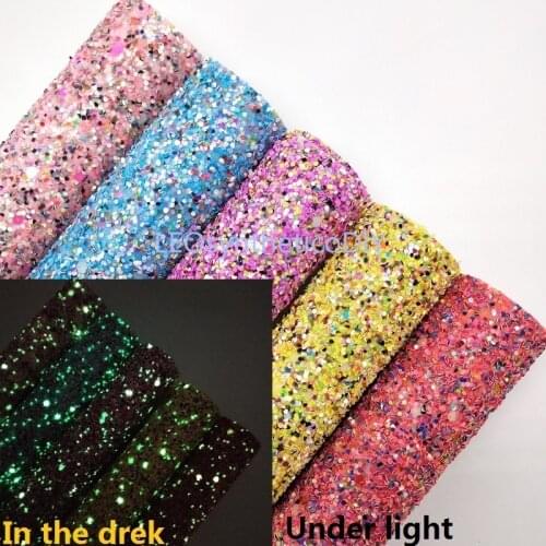 1PC 21X29CM Glitter Fabirc, Glows in the Dark Chunky Glitter Leather Sheets For Making Bows LEOsyntheticoDIY T294