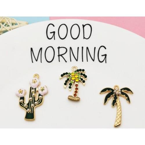 10pcs/bag Pearl Rhinestone Coconut Tree Cactus Enamel Charms Tag Handmade Earring Keychain Floating for Jewelry DIY Accessories