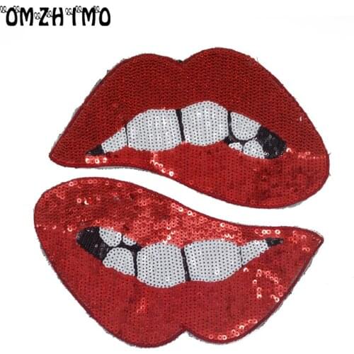2pcs embroidered clothes sew on patches lipstick red lips sequined clothing applique for shoes hats clothes decorations