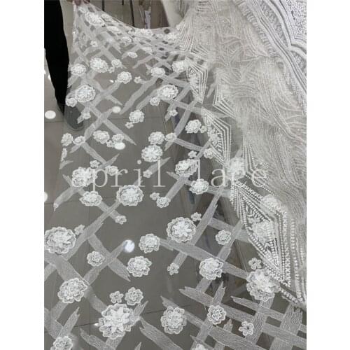 2019 hot sale stock 5yards jj003 ivory offwhite beads sequin luxury embroidery net mesh lace fabric for bridal wedding dress