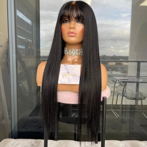 26Inches Jet Black Silky Straight 13x6 Lace Front Human Hair Wigs with Bangs 180Density Fringe 360 Lace Frontal Wigs for Women