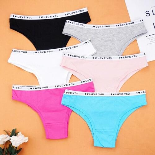 6pcs/lots Trendy Letter Women Thongs Cotton Breathable Low-waist Panties Sports Tanga Solid Color Wholesale Underwear