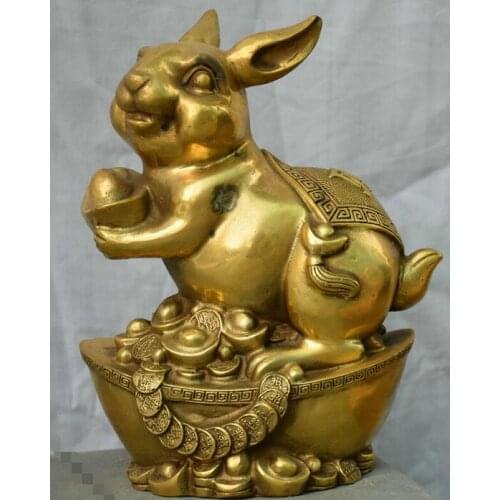 8" Chinese Brass Animal Coney Cony Rabbit Lapin On Wealth Money Yuanbao Statue