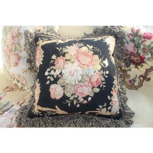 FREE SHIPPING 15K 16"X16" Needlepoint pillow, hand knotted woolen cushion with floral designs no insertion