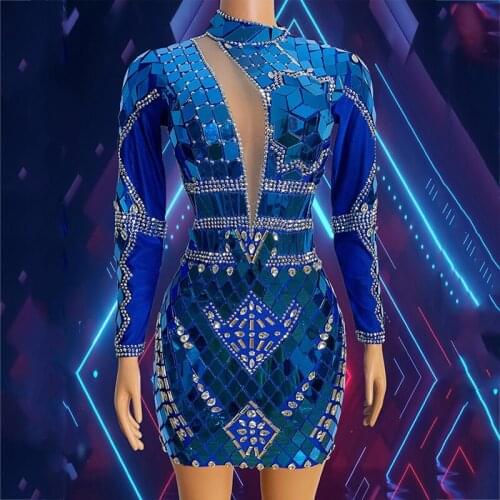 Flashing Silver Sequin Short Mesh Dress Birthday Celebrate Spandex Mirror Dresses Prom Party Bar Women Dancer Rave Outfit XS2568