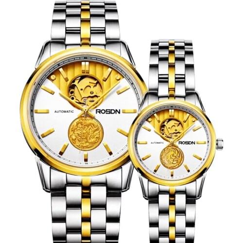 ROSDN Womens Watches Luxury Brand Japan Automatic Mechanical 24K Gold Skeleton Sapphire 50M Waterpoof Couples Watches R2100W