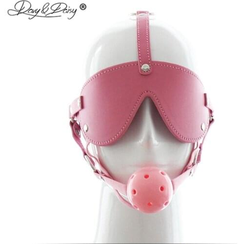 DAVYDAISY Women Sexy PU Leather Eye Mask Fetish & Mouth Gag Plastic Solid Ball Adjustable Sex Accessories Set for Couples AC133