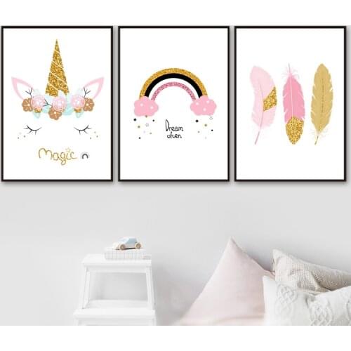 Childrens Room Girl Room Wall Decoration Cartoon Rainbow Unicorn Feather Wall Cloth Painting Nordic Posters And Prints Pictures