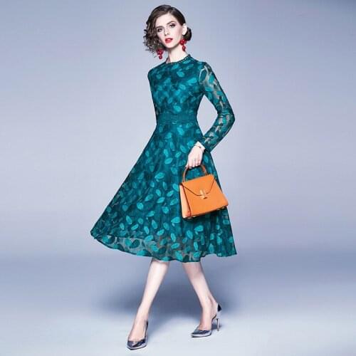 JSXDHK New Arrival Long Sleeve Ball Gown Dress Autumn Womens Lace Patchwork Hook Floral Dress Vintage Hollow Out Green Dresses