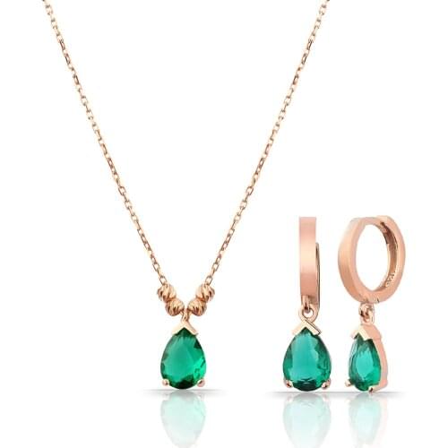 Pretty Womens 925 Sterling Silver Jewelry Necklace and Earrings Jewelry Sets with Green Zircon