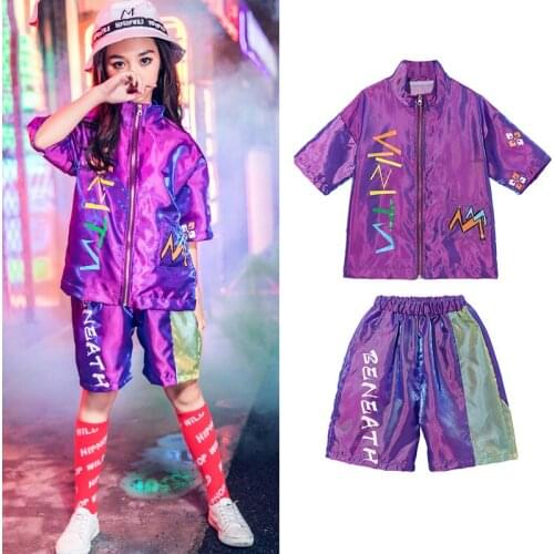 Jazz Dance Costumes Boys Hip Hop Clothes Girls Purple Short-Sleeved Jacket Shorts Children Street Dancing Stage Show Wear DN3665