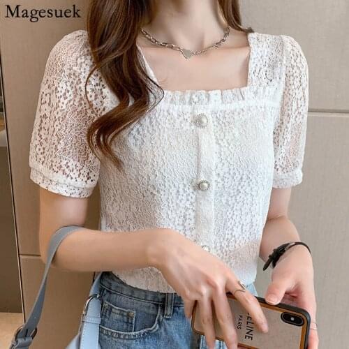 Summer Hollow Out Lace Blouse Women 2021 Square Collar Woman Shirt Puff Sleeve Tops Single Breasted Female Clothing Blusas 14409