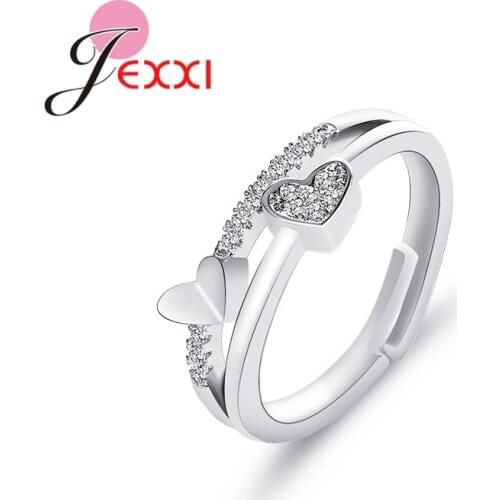 Fashion Cute 925 Sterling Silver Cubic Zirconia Ring Opening Adjustable Ring Heart-shaped Finger Jewelry Gift Women Girl
