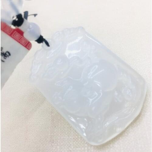 Natural Brazilian Ice Chalcedony Jade Carved White Zodiac Pig Pendant with Chalcedony Bead Necklace Female Sweater Chain