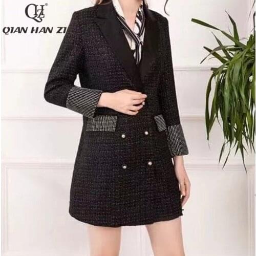 Qian Han Zi autumn designer fashion winter warm woolen midi coat Women long sleeves vintage Slim Double breasted coat