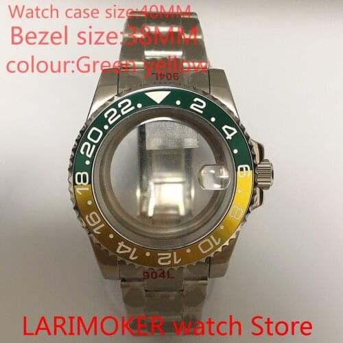 Suitable for NH35 NH36 Mingzhu 40mm sapphire glass 904L stainless steel case sealing bottom cover, with bezel green yellow