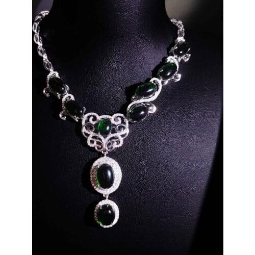 QTT Luxury 925 Sterling Silver Emerald Necklace Female Oval Stone High Carbon Diamond Beautiful Wedding Party Jewelry