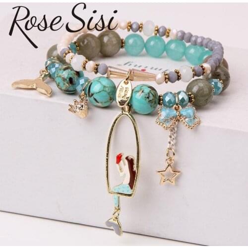Rose sisi crystal bracelets on hand sweet cute mermaid pendant student girlfriend bracelet female Jewelry for women