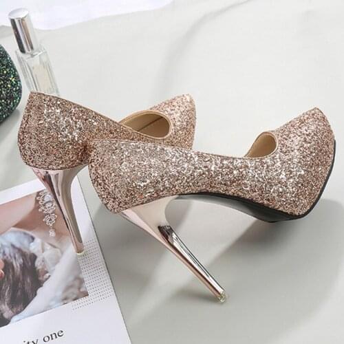 Spring/Autumn Sexy 11.5cm Thin High Heels Ladies Work Blingbling Solid Platform Female Wedding Pumps Catwalk Women Office Shoes