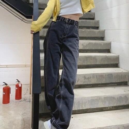 Vintage Black Wide Leg Denim Pants Women Summer Button High Waist Loose Long Trousers Femme Casual Retro Straight Jeans 2021