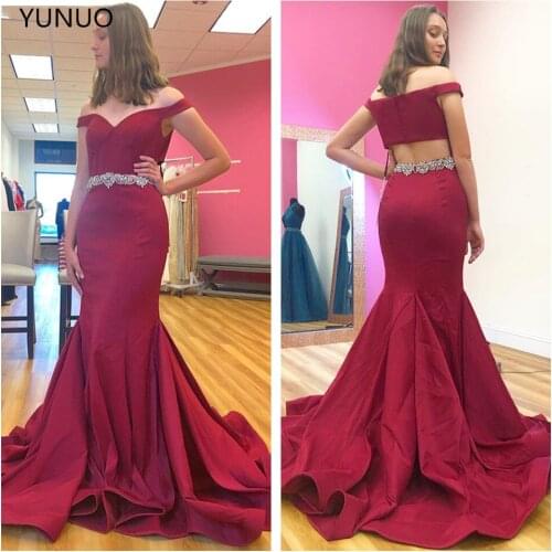 YUNUO Off the Shoulder Mermaid Evening Dresses robe de soiree Prom Gowns with Crystals Party Formal Dress Back Zipper Long