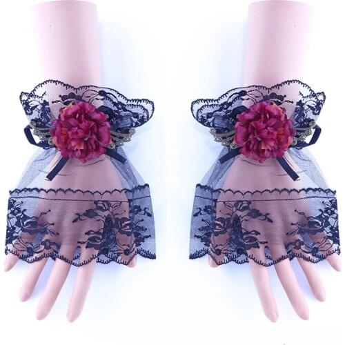 Womens Halloween Gothic Black Lace Wrist Cuffs Bracelets Party Flower Fingerless Gloves