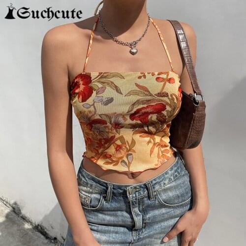SUCHCUTE Halter Camis Retro Women Floral Print Y2K Vintage Crop Top Sexy Off Shoulder Casual Backless Clubwear Summer Tank Top